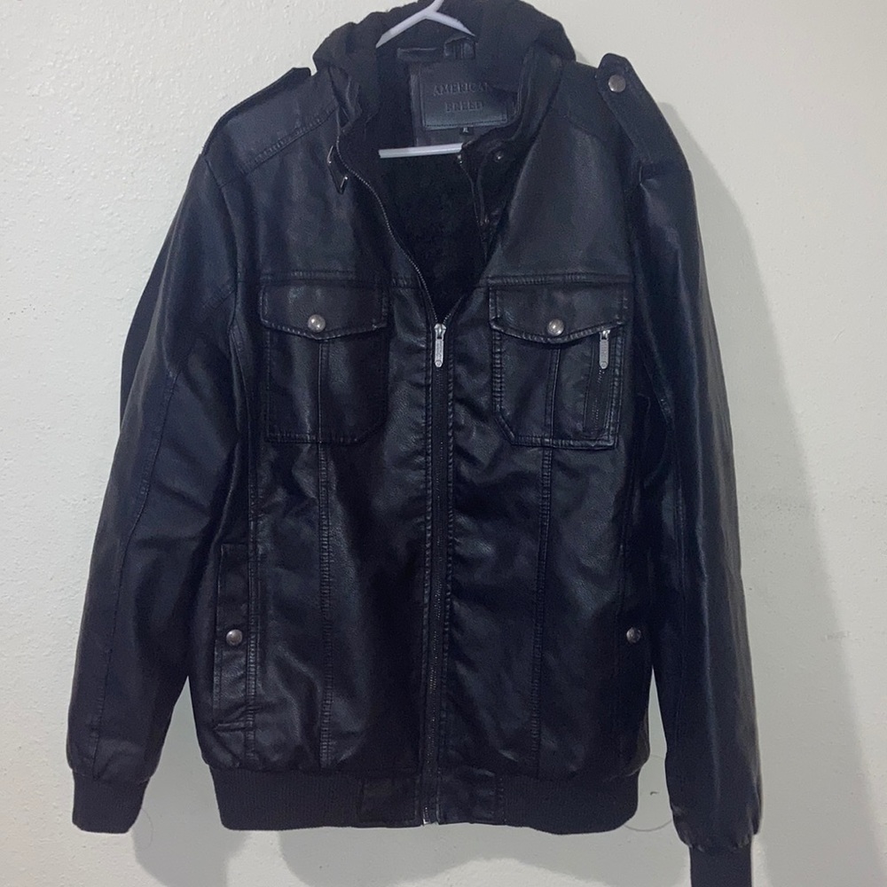vintage black zip up men’s american breed leather hooded jacket with pockets